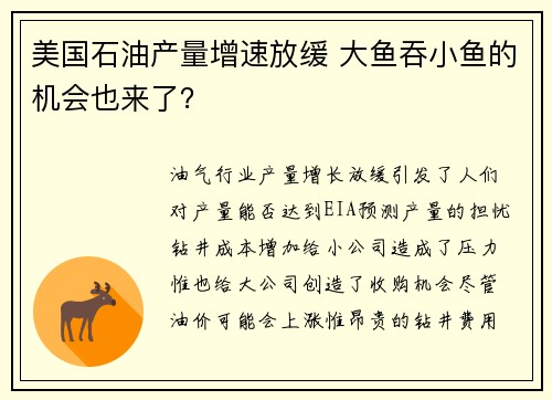 美国石油产量增速放缓 大鱼吞小鱼的机会也来了？ 