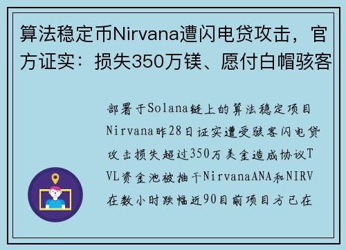 算法稳定币Nirvana遭闪电贷攻击，官方证实：损失350万镁、愿付白帽骇客30万镁